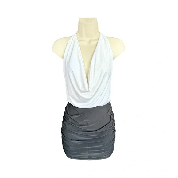 Roma Two Tone Low Cowl Neck Ruched Halter Mini Dress, Black and White, Size S/M - Picture 3 of 12